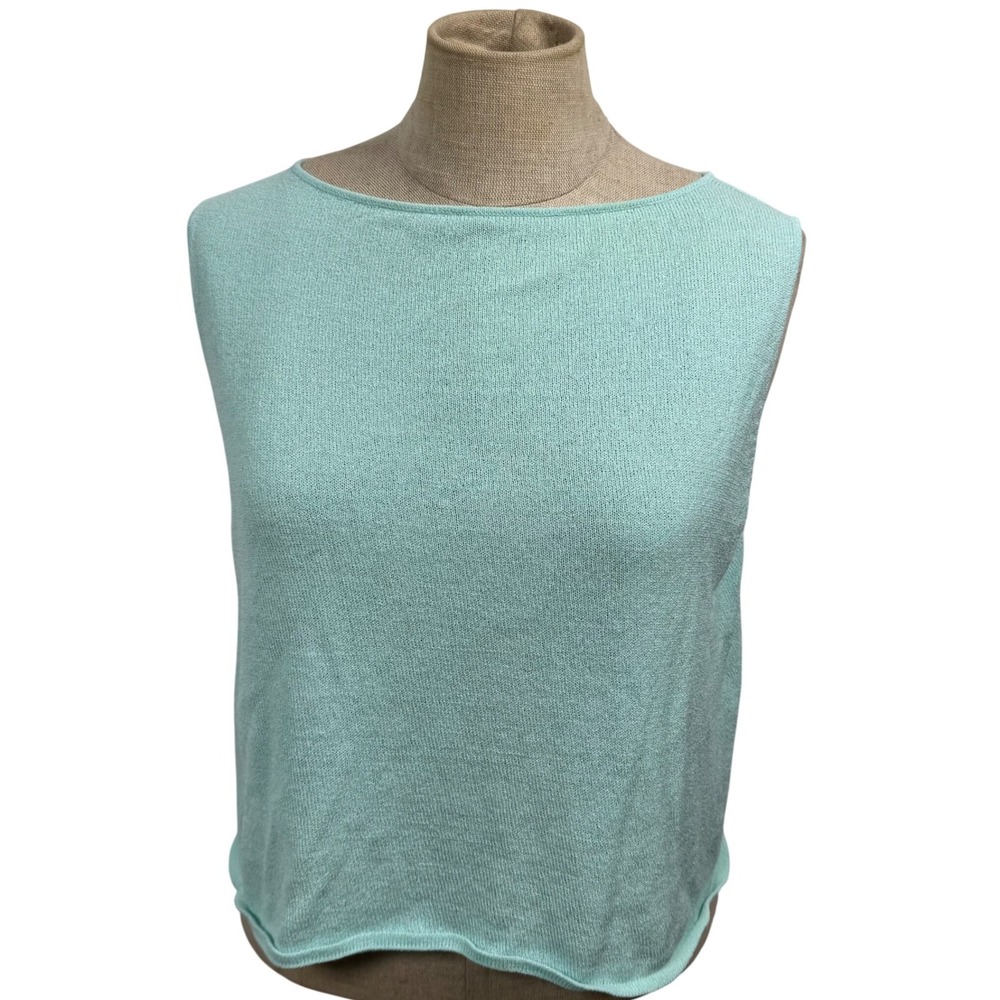 EILEEN FISHER M Sleeveless Boat Neck Knit Tank Top Rayon Teal Minimal Clean Girl